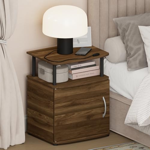 Furinno JAYA Night Stand with Door, Nightstand with Open Shelf and Door Cabinet, Round Corner Bedside Table, Side Table, End Table, for Bedroom, Closet, Living Room, Amber Pine