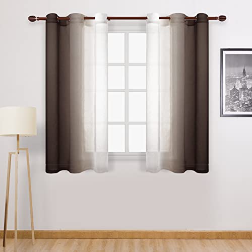 DWCN Faux Linen Ombre Sheer Curtains - Gradient Semi Voile Curtains for Bedroom and Living Room, Set of 2 Grommet Top Window Curtain Panels, 42 x 54 Inches Long, Chocolate Brown