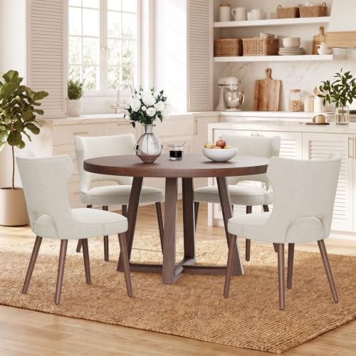 MALOL Upholstered Dining Chairs Set of 4, Dining Room Chairs with Hollow Backrest, High Back Kitchen Chairs with Solid Wood Legs, Thick Seat Cushion, Anti-Slip Pads, Light Beige