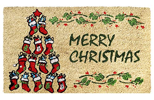 Coco&Coir Door Mat- Non-Slip - Thick Coir - Premium Quality - Rubber Backed - Eco-Friendly - Indoor - Outdoor - Heavy Duty - Christmas Theme - Xmas Entrance Door Mat - 45 x 75 cm (Socks Xmas)