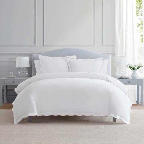Martha Stewart - Twin Duvet Cover Set, 100% Soft Cotton Bed Set with a Smooth Cotton Percale Reverse, 2 Piece Bedding with Matching Pillowcase (Simple Scallop Beige)