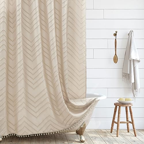 Siiluminisoy Boho Farmhouse Shower Curtain - Woven Fabric, Beige, 72 x 72, Tufted Chevron Textured Striped Modern Minimalist for Bathroom