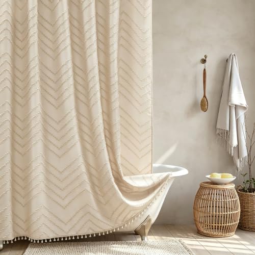 Siiluminisoy Boho Farmhouse Shower Curtain - Woven Fabric, Beige, 72 x 72, Tufted Chevron Textured Striped Modern Minimalist for Bathroom