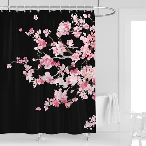 Kikiry Pink Cherry Blossom Shower Curtain 60''W x 72''L Black Pale Blush Floral Flower Japanese Anime Asian Art Spring Cute Vintage Boho Plant Gothic Goth Style Polyester Fabric 12 Pack Plastic Hooks
