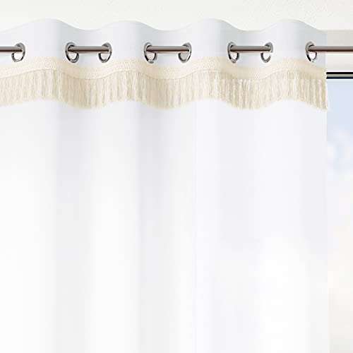 AmeliaHome Curtain 140 x 270 cm 1 Piece Semi-Transparent Eyelet Curtain Fringe Boho