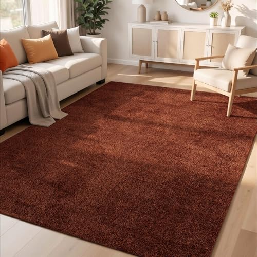 Rugs by Desire Comfy Washable Modern Living Room Rug Polyester Plain Indoor Area Rug with Low Pile - Anti-Slip Felt Backing SuperSoft Carpet Bedroom-Hallway, Terracotta, 60x100 cm