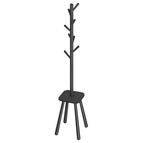 VASAGLE Coat Rack Stand, Free Standing Hall Tree with 8 Hooks and Storage Shelf, 170.5 cm Tall, for Coats, Hats, Bags, for Hallway, Entryway, Bedroom, Ink Black RCR033B01