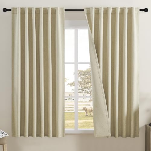 DUALIFE Black Out Curtains for Bedroom 63 Inch Long 2 Panels Room Darkening Sun Blocking Drapes for Living Room,Nursery,Living Room Back Tab/Rod Pocket/Hook Belt(50x63 Inch,2 Panels?Sand Oatmeal)