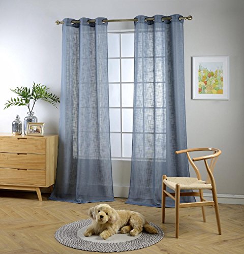 "MIUCO Semi Sheer Curtains Poly Linen Textured Solid Grommet Curtains 95 Inches Long for French Doors 2 Panels (2 x 37 Wide x 95"" Long) Dusty Blue"