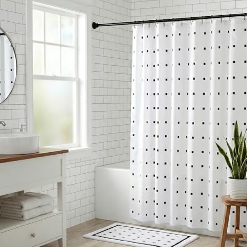 Croydex White Shower Curtain with Black Dots Design - 100% Polyester with a Weighted Hem, Machine Washable and coated with Proseal for Water Repellence, 1800x1800mm