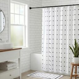 Croydex White Shower Curtain with Black Dots, 1800W x 1800H