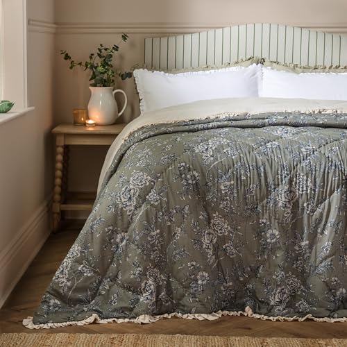 furn. Wylder Hermione Bedspread – Reversible Floral Quilted Cotton Ruffle Trim Coverlet Bedding (Moss – 240x260cm)