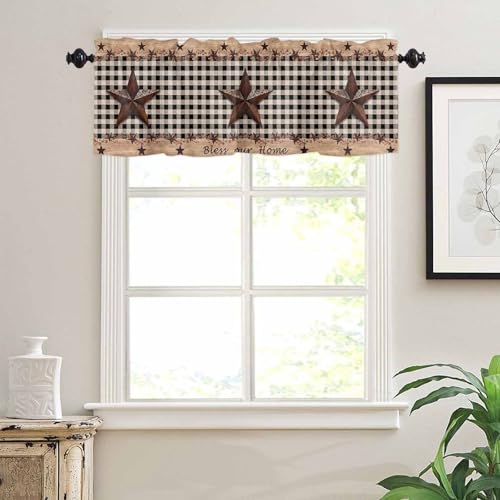 "Window Curtain Kitchen Valance for Living Room Western Texas Star and Primitive Berries Country Wooden Plank Rod Pocket Curtain Valance 1 Panel 54"" x 18"""
