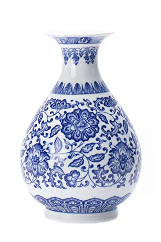 "Chinoiserie Blue and White Porcelain Ceramic Vase - 8"" for Home, Living Room, Bookshelf, Mantle Fireplace, Table Centerpieces"