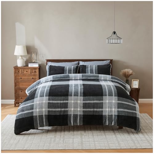 GC GAVENO CAVAILIA Fleece Bedding King Size Duvet Set - Faux Fur Teddy Duvet Cover with Pillow Cases - Warm, Soft Geometric Bedding & Linen - Breathable Fluffy Quilt Covers - (230x220), Charcoal/Grey