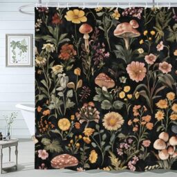 PAOPOED Vintage Mushroom Boho Shower Curtain, Fairy Woodland Nature Floral Plant Bathroom Curtain, Waterproof Fabric Bathroom Curtain Set with Hooks 72X72Inch, Black