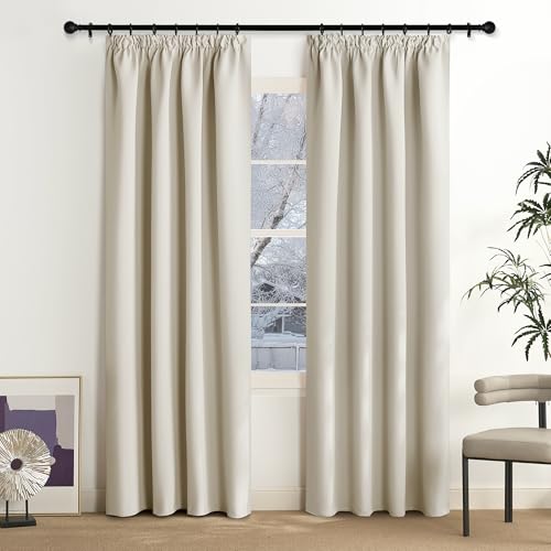 NICETOWN Opaque Beige Curtain Set of 2 Thermal Curtains Heat Protection Ruffle Tape Living Room Curtain 200 cm Long Curtains Thermal Blackout Curtain for Rail System, 200 x 140 cm (H x W) Light Beige