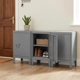 FurnitureR Modern Grey Metal Shoe Cabinet for Hallway, 57.5H x 40.5W x 30.5D cm