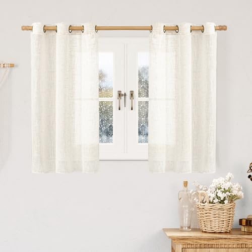 LAMIT Natural Linen Semi Sheer Curtains 45 Inch Length for Small Windows, Light Filtering Curtains Farmhouse Boho Bronze Grommet Drapes for Kitchen/RV Camper, 2 Panels (34 x 45 Inch, Cream)