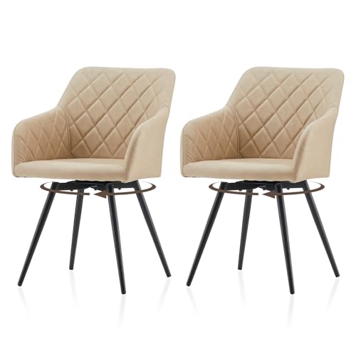 TUKAILAi Dining Chairs Set of 2, 360° Swivel Upholstered Kitchen Armchairs with Backrest and Metal Legs, Faux Leather Chairs for Home Office Bedroom Living Room Lounge(A – Cream,Pack of 2)