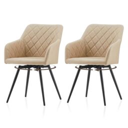 TUKAILAi Dining Chairs Set of 2, 360° Swivel Upholstered Kitchen Armchairs with Backrest and Metal Legs, Faux Leather Chairs for Home Office Bedroom Living Room Lounge(A – Cream,Pack of 2)
