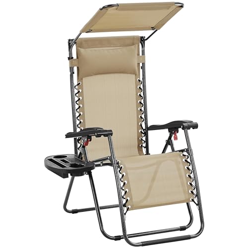 Yaheetech Yaheetch Outdoor Zero Gravity Sun Lounger Foldable Recliner Adjustable Patio Garden Chair w/Canopy, Cup Holder, Carry Strap for Beach Deck Camping Beige/1