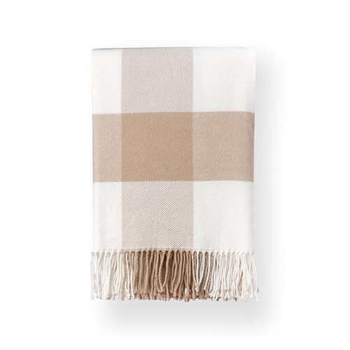 "Hofdeco Premium Coastal Decorative Throw Blanket for Patio Couch Sofa, Neutral Tan Buffalo Plaid with Fringe, 52""x72"""