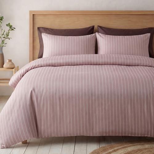 Bedbay 100% Cotton Striped Duvet Cover Set Queen Size,300TC Luxury Sateen Duvet Cover,Dusty Rose Fine Stripes Bedding Set, Silky Smooth Hotel Style Room Decor 3 Pcs Cotton Comforter Cover