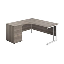 Office Hippo Heavy Duty Left Corner Radial Desk With 3 Drawer High Storage, Home Office or PC, 5 Yr Wty, MFC -Grey Oak, White Frame, 160cm x 160.4cm