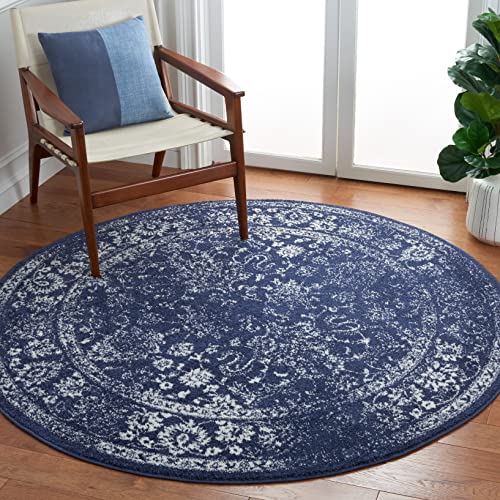 Safavieh Distressed Rug for Living Room, Dining Room, Bedroom - Adirondack Collection, Short Pile, in Navy and Ivory, 122 X 122 cm