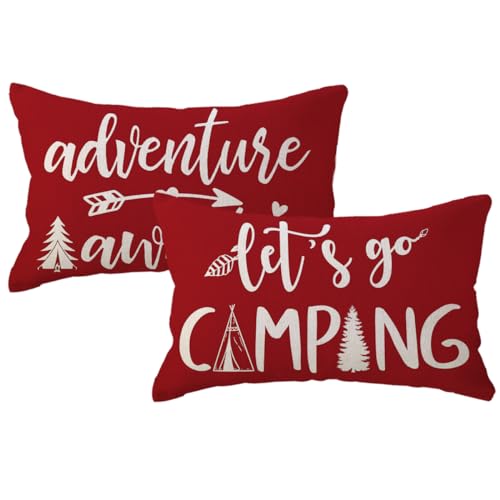 ULOVE LOVE YOURSELF Adventure Camper Decorative Lumbar Pillowcase Double-Sided Let???s Go Camping/Adventure Awaits Throw Pillow Covers Cabin/Camper Cushion Covers 12x20,2Pack for Sofa/Couch/Porch (Red)