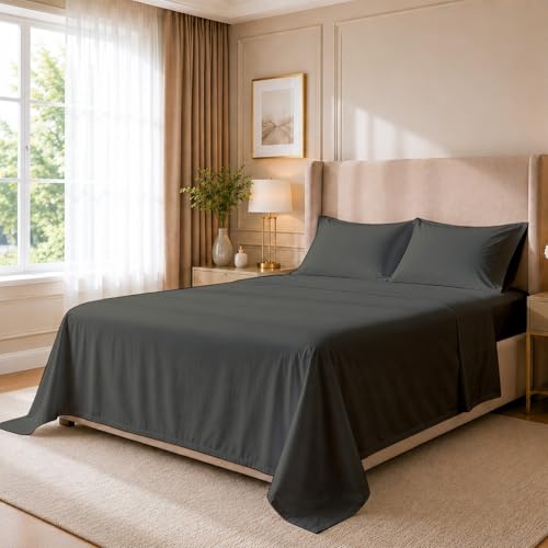 "Cottingon 4 Piece Olympic Queen Sheets, Soft Premium 100% Long Staple Egyptian Cotton, Super Queen Mattress Bedsheet Set, Fits Upto 15"" Deep Pocket 66""X80"", Dark Grey"