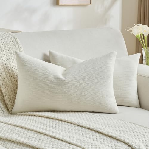 FUTEI Cream White Decorative Throw Pillow Covers 12x20 Inch Set of 2,Soft Cozy Wheat Ear Striped Patterns Lumbar Pillow Cases,Modern Home Decor for Couch Bed Living Room