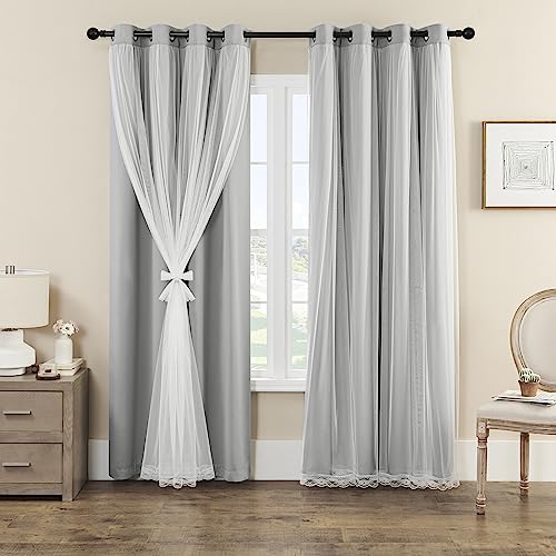 "naturetalk 90%-95% Blackout Curtains with Crushed Sheer ??? 2 Pieces Drape Panels Set ??? Antique Silver Grommet Top - Light Grey - 52"" W x 96"" L (2 Panels)"