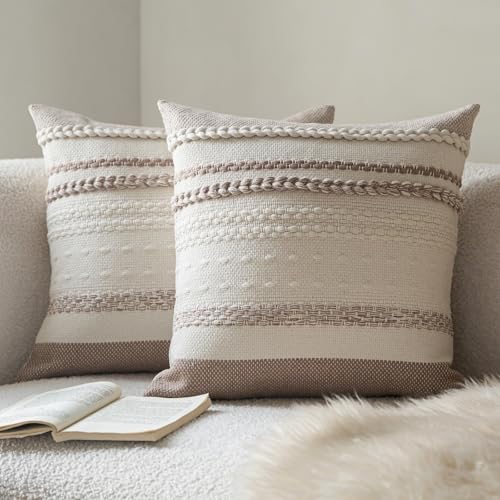 Cethom Boho Throw Pillow Covers 20x20 Inch Set of 2, Khaki Textured Decorative Couch Pillow Cases for Farmhouse Home Decor, Accent Cushion Cover for Sofa, Bed, Living Room, Bedroom