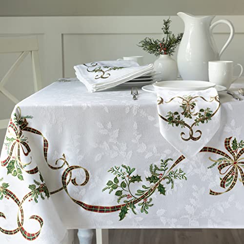 "Benson Mills Merry Ribbons Engineered Printed Jacquard Fabric Christmas Table Cloth, Elegant Christmas Tablecloth for All Holiday and Winter (60"" x 84"" Rectangular)"