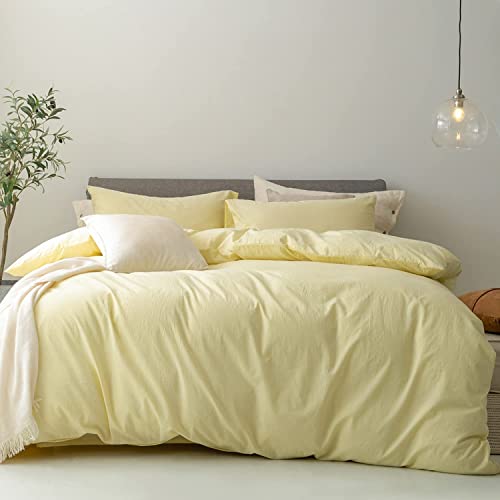 FOSSA Washed Cotton Duvet Cover Set Linen Feel Super Soft Crisp Slightly Wrinkled 3 Piece Bedding Sets Solid Pastel Yellow Twin