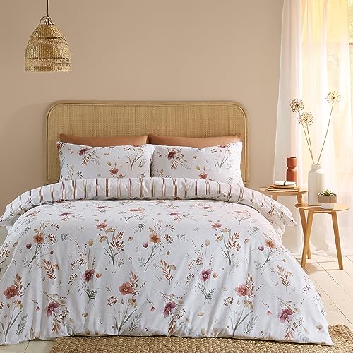 Catherine Lansfield Brushed Cotton Harvest Flowers Reversible Double Duvet Cover Set with Pillowcases Natural