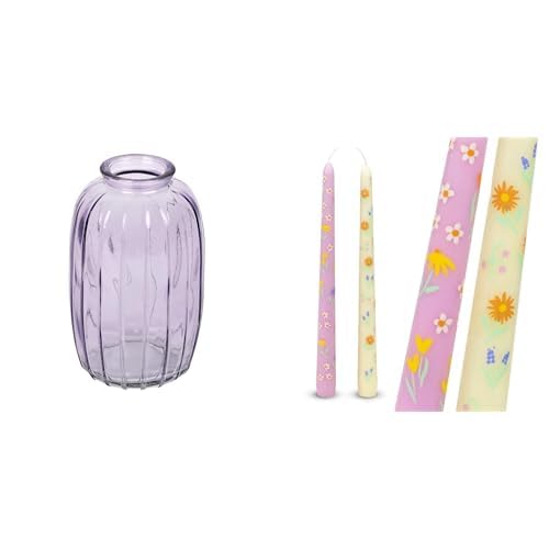 Lilac Glass Bud Vase 12cm & Floral Tapered Dinner Candles Spring Table Bundle