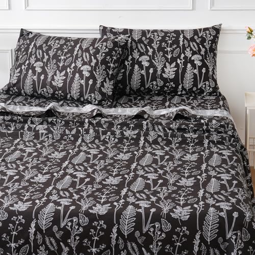 "Homilay 100% Organic Cotton Percale Sheets Set,Full Size 4 PC, Breathable&Durable Hotel Quality Bedding, 16"" Deep Pocket Botanical Floral Bedsheets,Black"