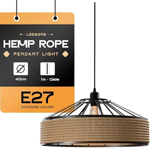 LEDSone Hemp & Metal Ceiling Pendant Light Fitting Industrial 40cm Metal Rope Lampshade E27 Holder 100cm Adjustable Hanging Lamp for Restaurant, Bar, Cafe