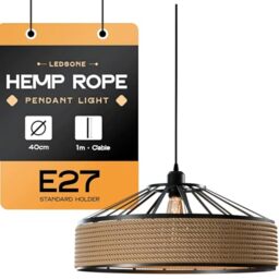LEDSone Hemp Rope Pendant Light E27 40cm Metal Shade 1m Adjustable Cable