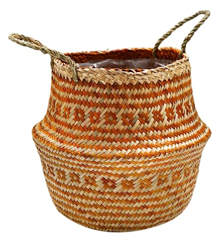Ivyline Small Seagrass Tribal Lined Basket in Amber - Waterproof and Lightweight - Woven Seagrass Holder with Handles for Houseplants - H25cm x D30cm