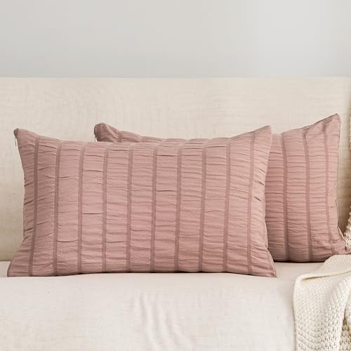 JELLYMONI Seersucker Throw Pillow Cover 12 x 20 inch, 2 Pack Textured Pillow Covers with Zipper Closure, Breathable Smokey Pink Decorative Pillowcase for Stylish Bedding & Couch (Insert Not Included)