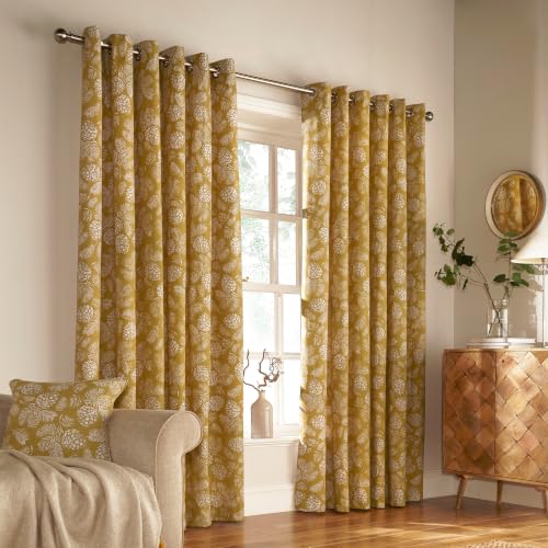 furn. Irwin Woodland Eyelet Curtain Pair - Mustard - 168x137cm