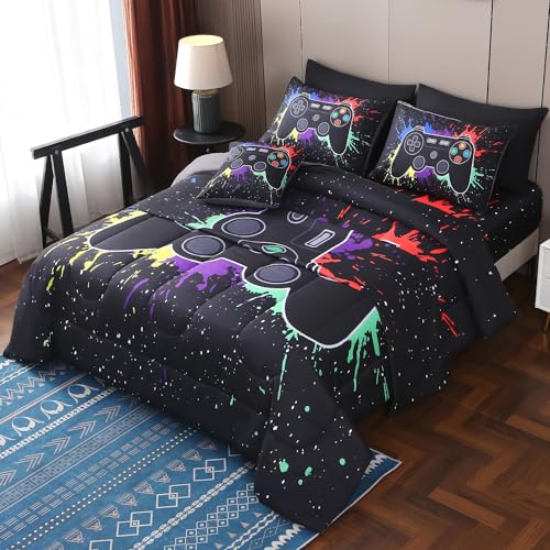 JQinHome Queen Gamer Comforter Sets for Boys,8 Piece Bed in A Bag 3D Video Game Bedding -All Season Microfiber Gamer Bedding Sets for Kids, with Pillowcase, Flat & Fitted Sheet,Cushion Cover(Black)
