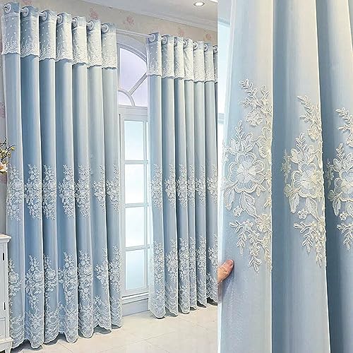 Amidoudou 1 Pair European Double Layer Curtains Luxury Flower Embroidered Curtains for Living Room Bedroom (Blue,52x120 Inch)