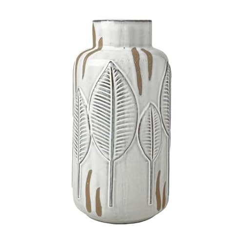 Mikasa Embossed Leaves White and Beige Ceramic Vase, 5.31x5.31x10.63 Inch