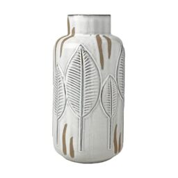 Mikasa Embossed Leaves White and Beige Ceramic Vase, 5.31x5.31x10.63 Inch
