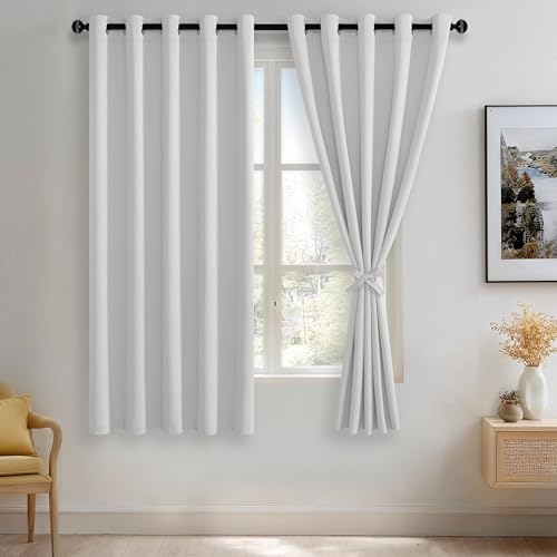 JIUZHEN Greyish White Blackout Curtains with Tiebacks Thermal Insulated, Light Blocking and Noise Reducing Grommet Curtains for and Living Room, Set of 2 Window Curtain Panels, 60 x 63 Inch Length